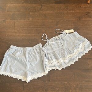 Calypso Womens Blue White Pajama Set Shorts Top New Lace Detail Cotton